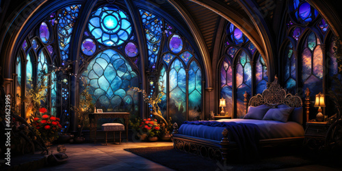 Whimsigothic style bedroom interior design with blue stained glass windows, dark, wide