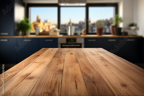 Wooden table surface against a softly blurred kitchen countertop background