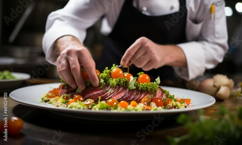With precision, the chef decorates and garnishes the beautifully prepared dish