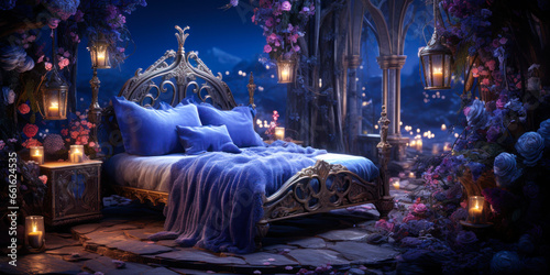 Whimsigothic style open air fantasy bedroom with lanterns, night, blue, wide