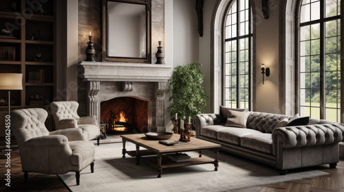 luxurious living room is cozy and inviting and featuring a tufted leather sofa and a cozy armchair and and a fireplace © Textures & Patterns