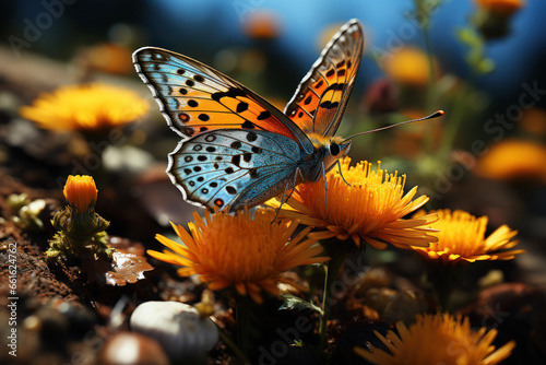 A delicate butterfly with vibrant orange and black wings resting on a blooming wildflower. Concept of pollination in nature. Generative Ai.