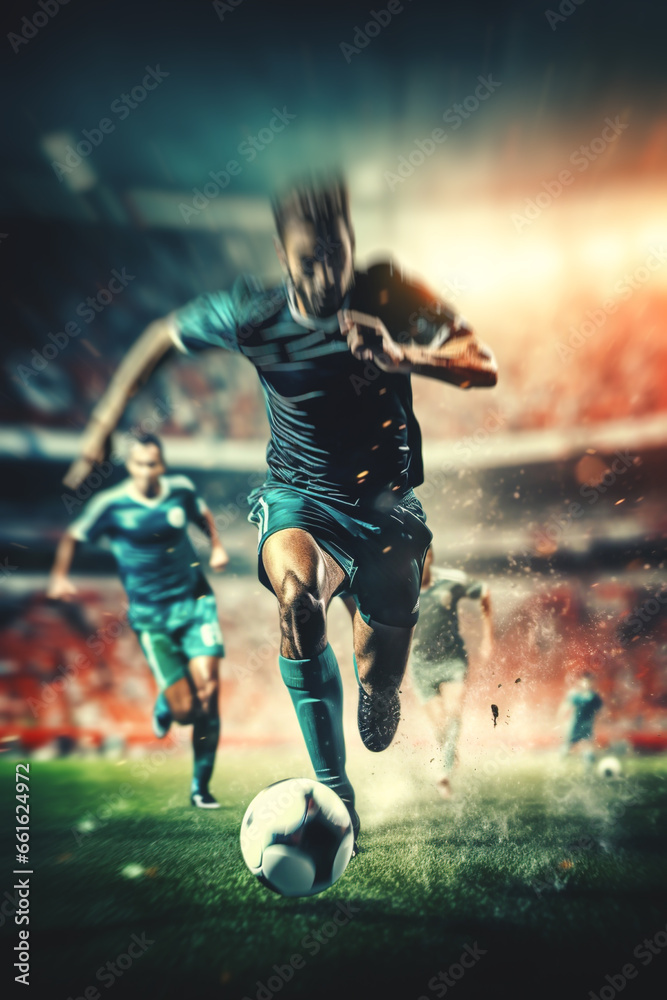 soccer player and team running with ball at stadium, football game concept, sport championship poster