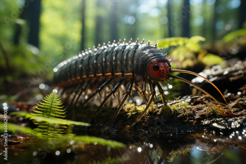 A centipede moving swiftly across the forest floor, with its many legs in constant motion. Generative Ai. © Sebastian