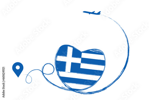Flag Greece. Heart, love romantic travel. Symbol of airplane, air plane, aircraft, aeroplane, flying, fly jet airline. Line path. Vector location pointer route. Travel for your web site design, logo, 
