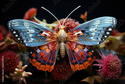 A vividly colored moth resting on a night-blooming flower, its wings resembling a piece of art. Generative Ai. © Sebastian