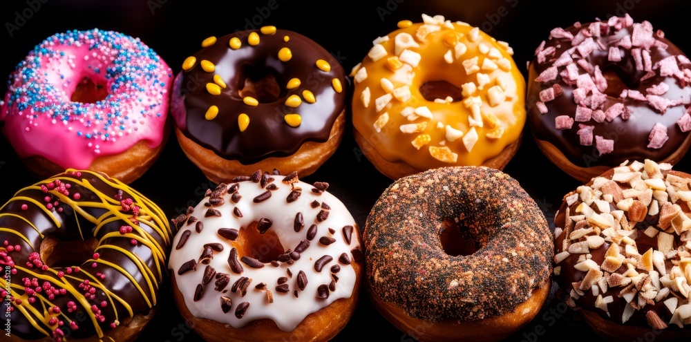 Set of donuts isolated on black background. Close-up.
