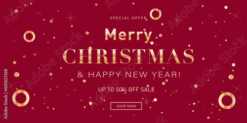 Trendy Design for Merry Christmas and Happy New Year Promotion. Abstract 3D Patterns Suitable for Web, Social Media, Print, Posters, Banners, Placards, Covers, with Special Offer of 50% Off.