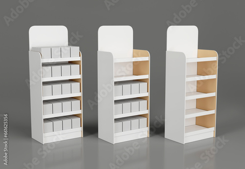 Trade display with cardboard shelves with goods. Set of 3D illustrations