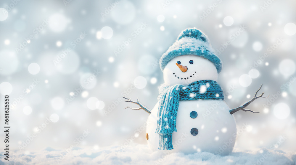 happy snowman in winter, Christmas winter background with snow and blurred bokeh. Merry christmas and happy new year with copy-space. happy snowman in winter, Christmas winter background with snow and blurred bokeh. Merry christmas and happy new year with copy-space.
