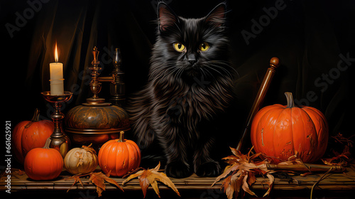 A black cat on Halloween is sitting surrounded by an orange pumpkin and Jack's lantern, an oil painting, a wooden table in the background, an autumn harvest. Generative AI