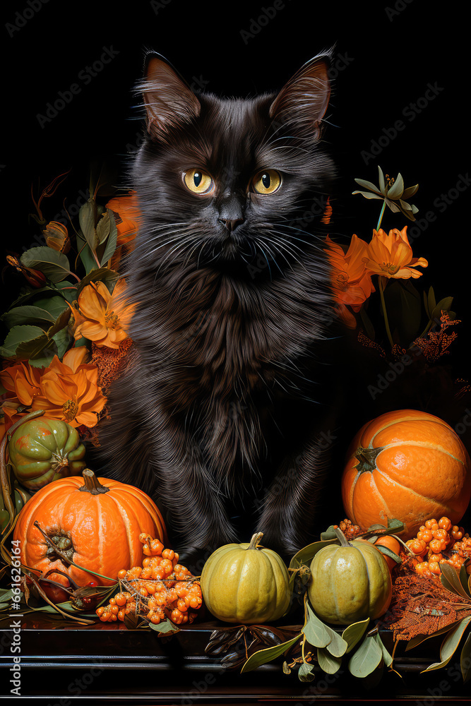 A black cat on Halloween is sitting surrounded by an orange pumpkin and Jack's lantern, an oil painting, a wooden table in the background, an autumn harvest. Generative AI A black cat on Halloween is sitting surrounded by an orange pumpkin and Jack's lantern, an oil painting, a wooden table in the background, an autumn harvest. Generative AI