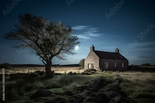 Deserted farmhouse under moonlight. Generative AI