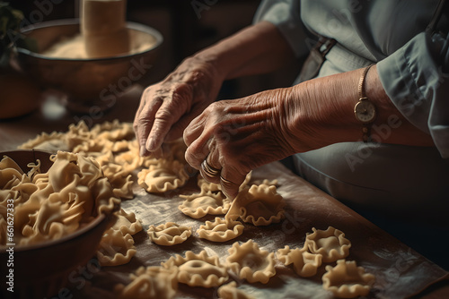 Pasta being homemade by an elderly woman