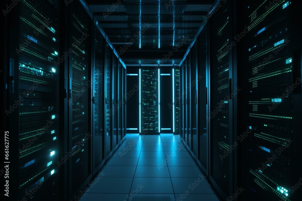 Background of computer racks in a data center, showcasing advanced technology. Generative AI