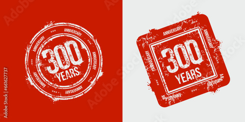 A group of 300th anniversary logos drawn as stamps, framed in red for the celebration. Grunge stamp texture. Holiday stamps. Collection of postage stamps. Vector round and rectangular stamps