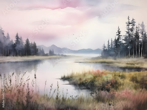 Dusk's calm with dreamy watercolor landscape of distant hills © AI