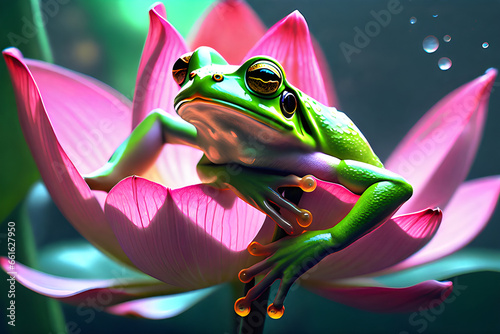 A tree frog sitting on a lotus flower. Generative AI