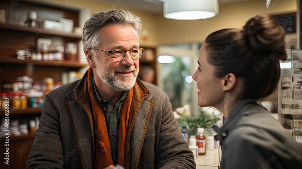 A senior man with glasses, healthcare professional, friendly, visiting drugstore, asking clerk, or at doctors office talking to nurse, about medicine, wears a brown coat layered over an orange scarf