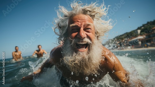 A happy senior man swims in the sea, swimming, playing, wild hair, grey, healthy, insured, successful, peaceful,  full white beard, splashes surround him with a blurred background, beachgoers watching © DigitalArt
