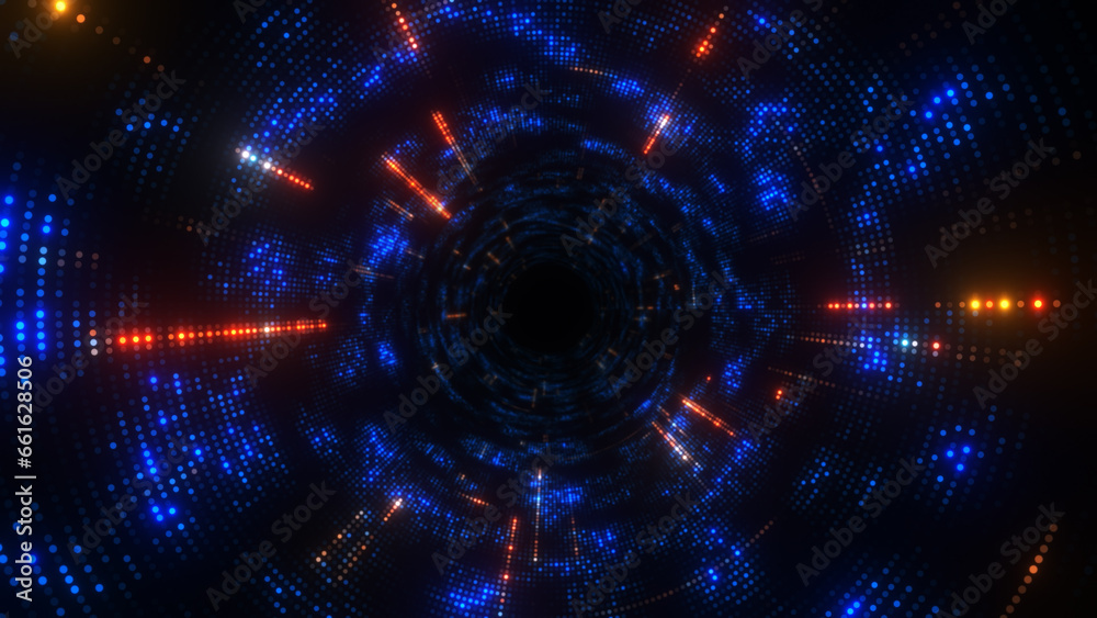 Obraz premium Travel through abstract dotted technology digital tunnel. Circle shape.