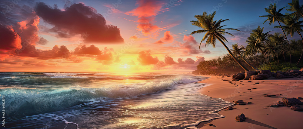illustration of the perfect dream beach in sunset with palm trees