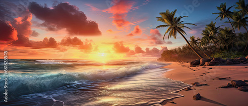 illustration of the perfect dream beach in sunset with palm trees