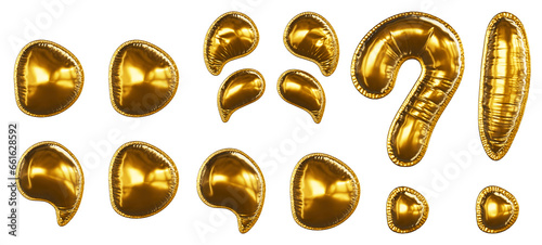 Realistic gold font 3D render - Set of Punctuation Marks: Period, Comma, Question Mark, Exclamation Point, Colon, Semicolon,  Quotation Marks. Inflated Balloons gold foil letter. 
