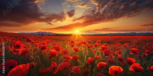 Banner with red poppy flower field, symbol for remembrance, memorial, anzac day