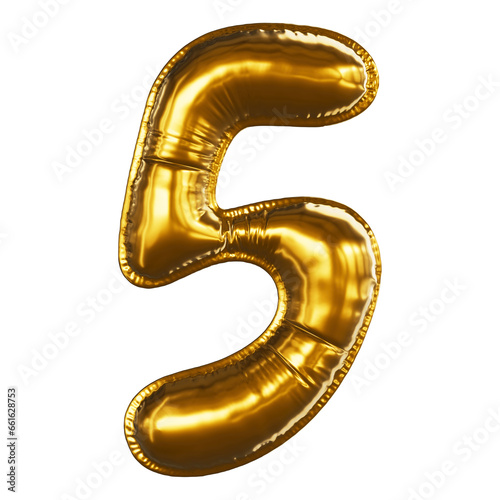 Realistic gold font 3D render - number 5. Inflated Balloons gold foil letter. Illustration isolated on a transparent background.