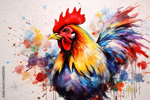 Modern colorful watercolor painting of a rooster, textured white paper background, vibrant paint splashes. Created with generative AI