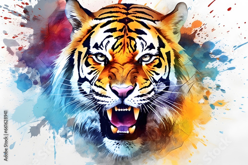 Modern colorful watercolor painting of a tiger  textured white paper background  vibrant paint splashes. Created with generative AI
