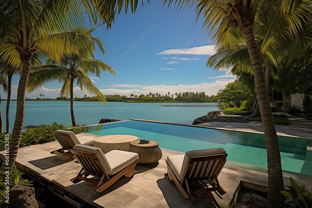 Exquisite, serene island escape with mesmerizing aqua waters and tropical palms. Generative AI