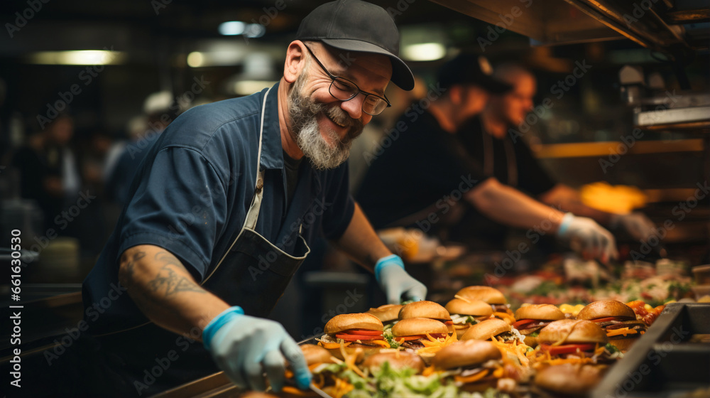 
Fast food restaurant worker cooking hamburgers in the restaurant's kitchen. Middle-aged man with tattoos and gray hair working happily in a junk food restaurant. Person cooking hamburgers. Copy space - obrazy, fototapety, plakaty 