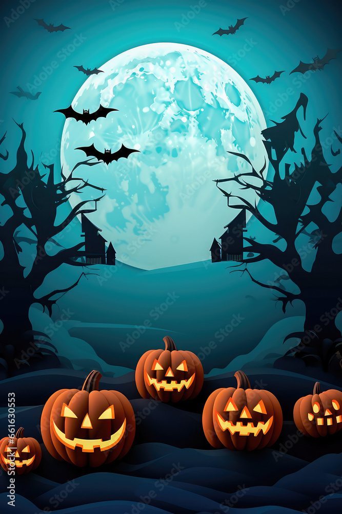 Fototapeta premium Happy Halloween background with clouds and pumpkins in the style of paper clippings. Full moon in the sky, spider web, skull, ghost and flying bats. Generative AI