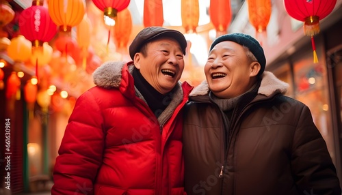 LGBT chinese couple in their 60s celebrating chinese new year on the streets