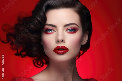 Close-up photo of a beautiful woman with beautiful makeup and red lipstick. Style, beauty and fashion concept.