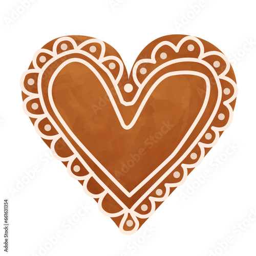 Christmas gingerbread in the shape of a heart, decorated with icing patterns. Vector watercolor illustration. Isolated vector illustration of cookies on a white background. 