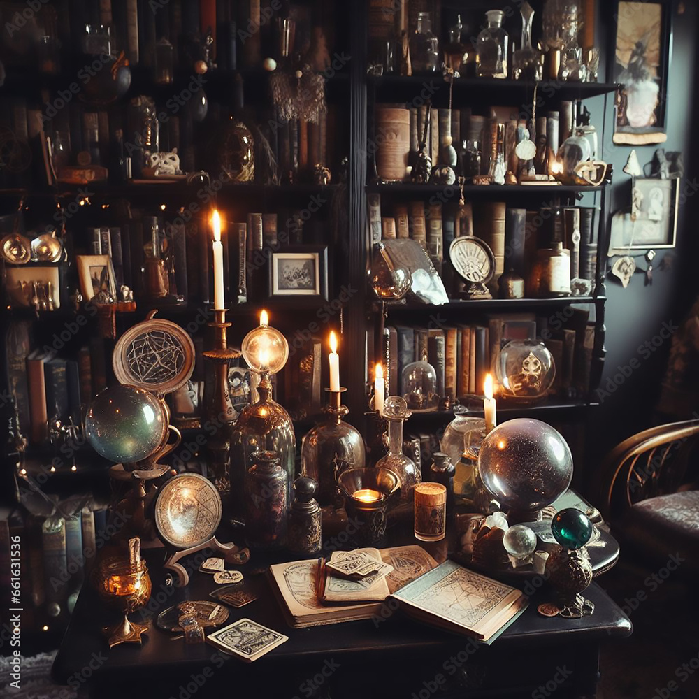 Witch home interior with books, crystals, crystal balls, tarot cards, Shelves with alchemy tools, skull, spiderweb, a bottle with poison, candles, Wtcher workspace