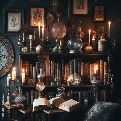 Witch home interior with books, crystals, crystal balls, tarot cards, Shelves with alchemy tools, skull, spiderweb, a bottle with poison, candles, Wtcher workspace