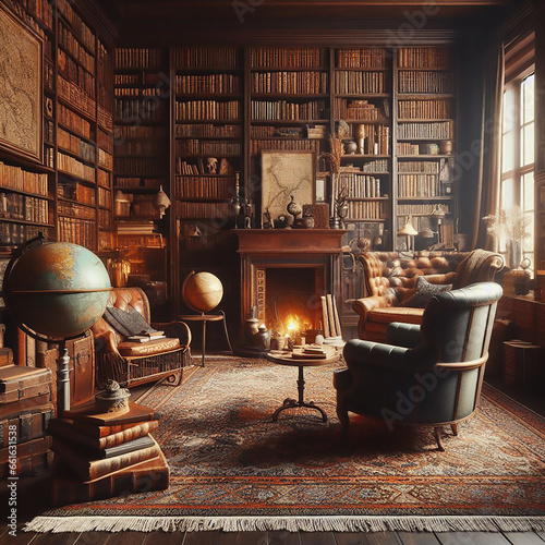 Library interior old in classic style, vintage library interior. Bookshelves in the library. Large bookcase with lots of books. Sofa in the room for reading books. Library or shop with bookcases.

