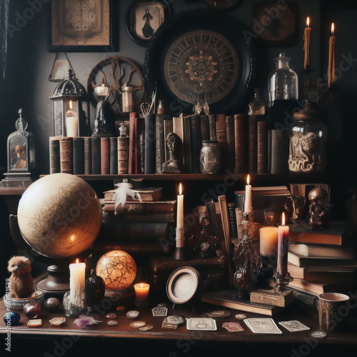 Witch home interior with books, crystals, crystal balls, tarot cards, Shelves with alchemy tools, skull, spiderweb, a bottle with poison, candles, Wtcher workspace