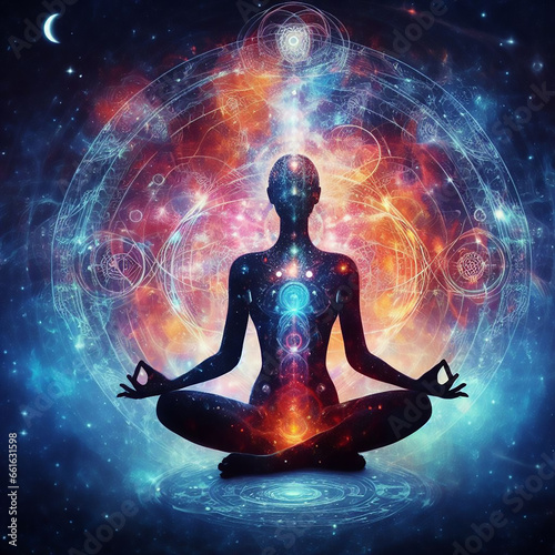 7 Chakras human body, Yoga meditation, aura, spiritual and Yin Yang symbols, balancing your life in nature concept. © Emma