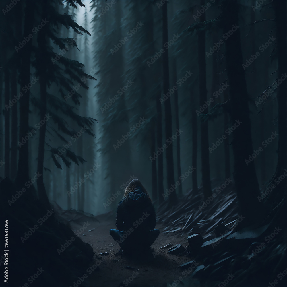 Lonely man in a hoodie walking in dark forest, concept of solitude, loneliness, solitary confinement. Dark mysterious composition, movie scene Lonely man in a hoodie walking in dark forest, concept of solitude, loneliness, solitary confinement. Dark mysterious composition, movie scene