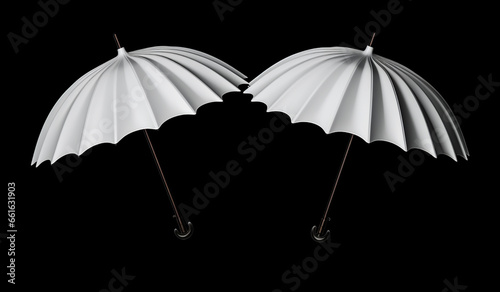 Two white umbrellas on a dark background. Winter time. AI generated