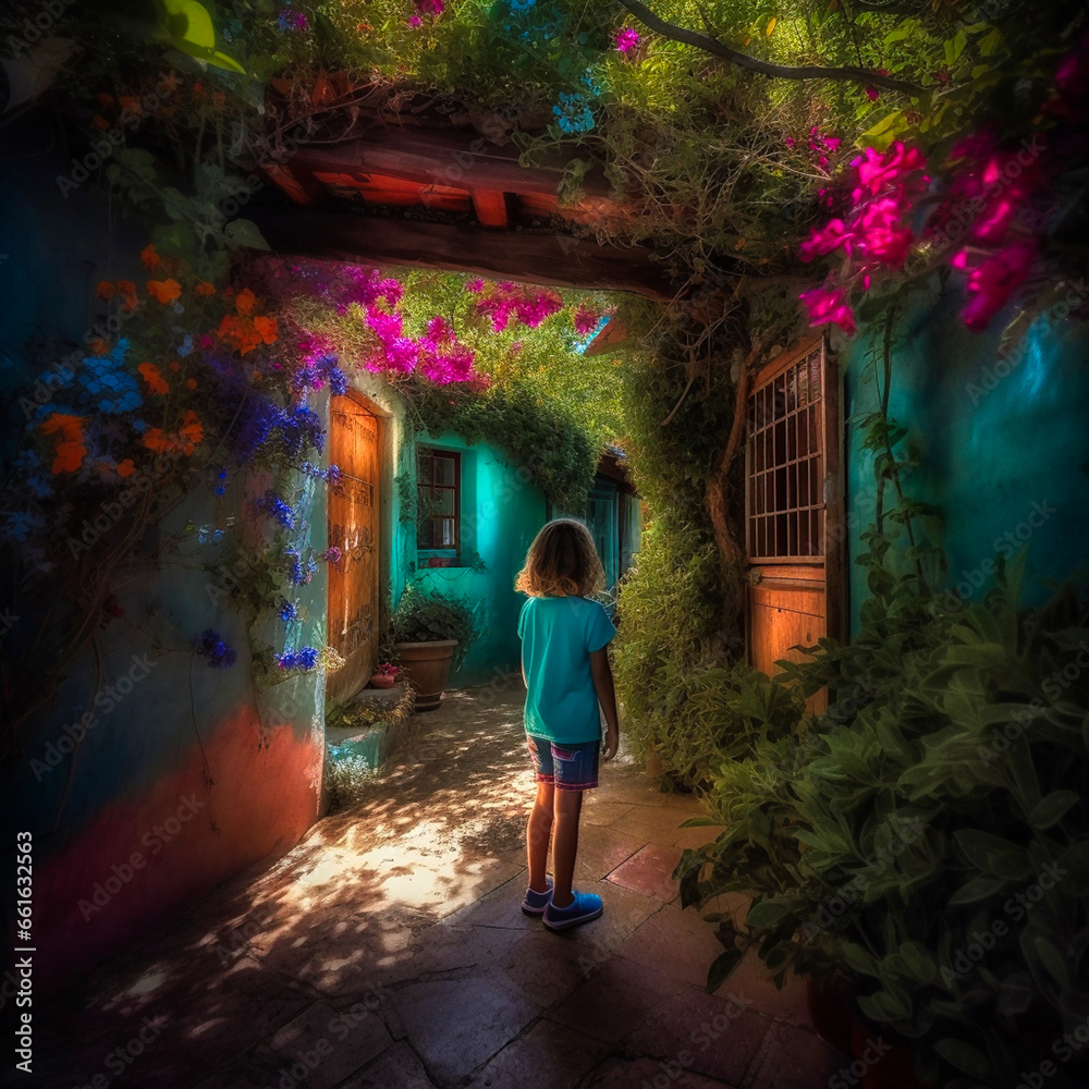 A child is standing on a charming colorful street
