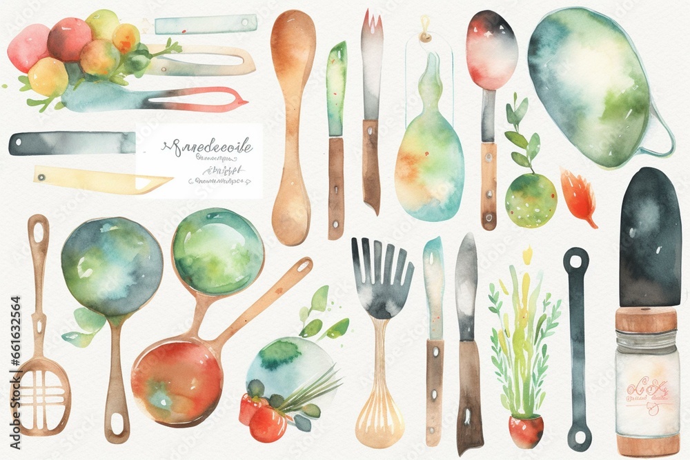 Watercolor cooking clipart featuring utensils. Generative AI - obrazy, fototapety, plakaty 