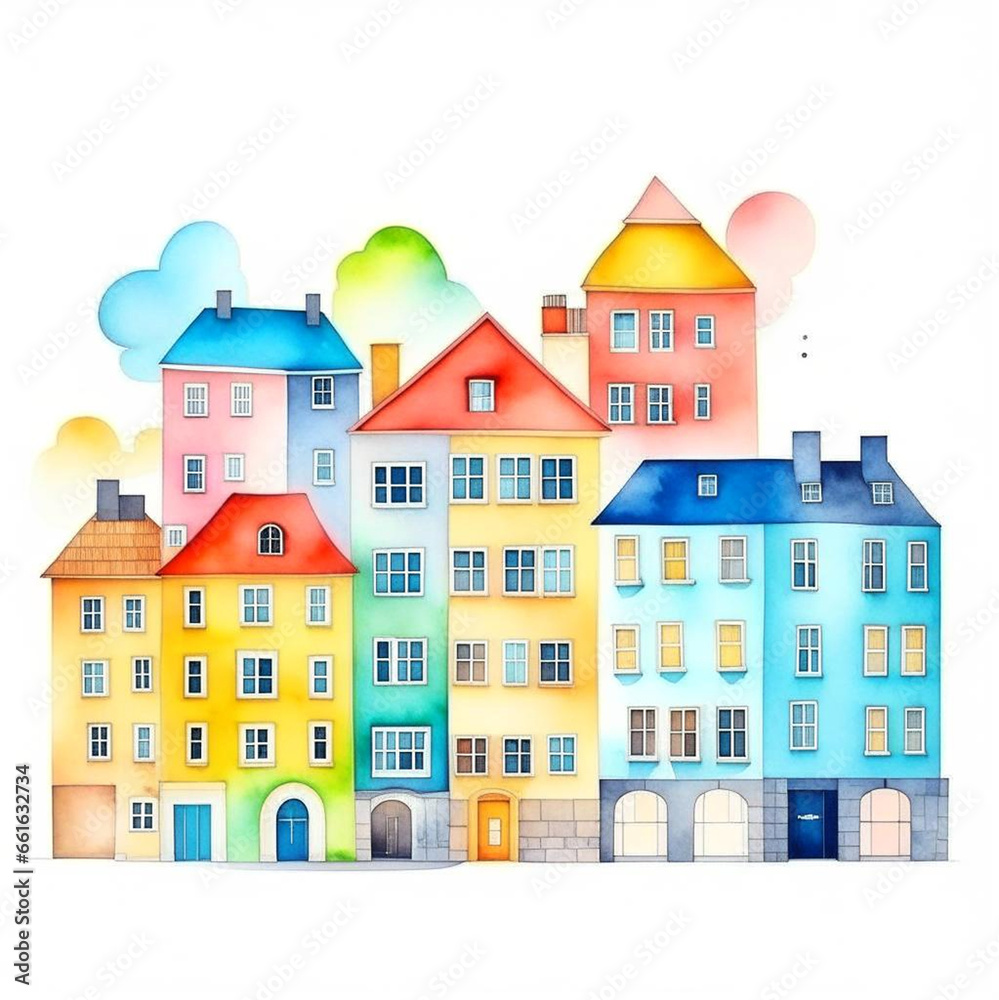 Abstract buildings in city on watercolor painting. City scape watercolor painting in bright colors.