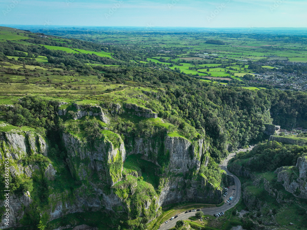 Cheddar gorge canyon.  Cliffs on the south of United Kingdom. Cinematic drone flight.