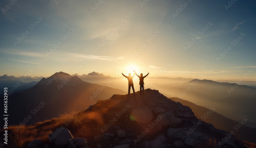 silhouette of two people on a mountaintop with their arms raised